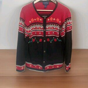 Vtg Willow Ridge Black Red Floral Button Knit Cardigan Embroidered Flowers Sz M